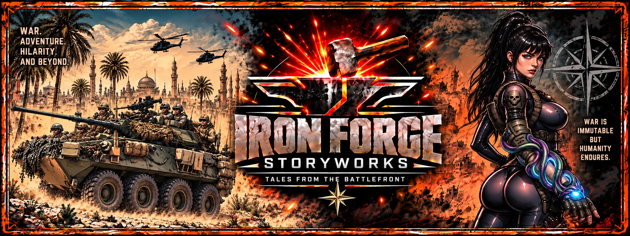 Iron Forge Storyworks hero art with pen-and-ink LAV-25, forge mark, and Banshee