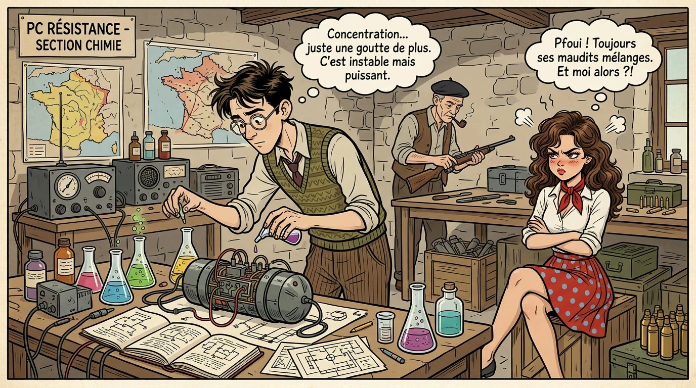 Marguerite and Étienne in a Resistance workshop